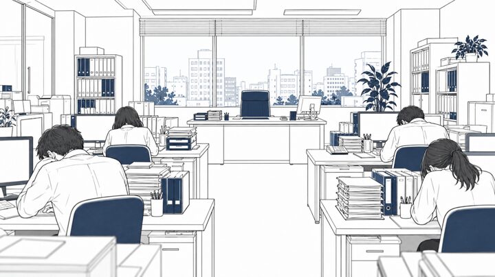 後継者としての初日、キーボードを叩く音だけが広がるオフィス